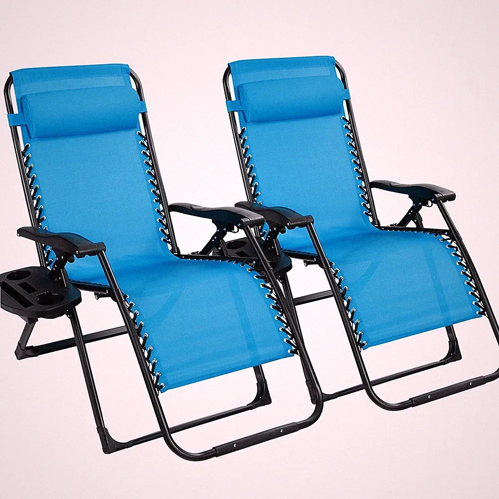 2PC Zero Gravity Chair Oversize Lounge Patio Heavy Duty Folding Recliner Blue