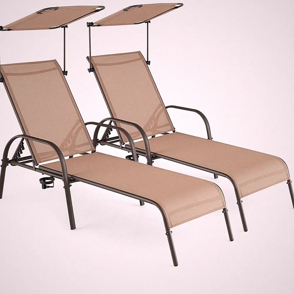 2pcs Patio Heavy-Duty Chaise Lounge 5-Level Adjustable Outdoor Recliner Canopy