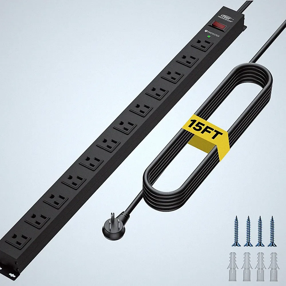 CRST 12 Outlet Heavy Duty Power Strip Surge Protector,14AWG Extra-Long 15FT Cord