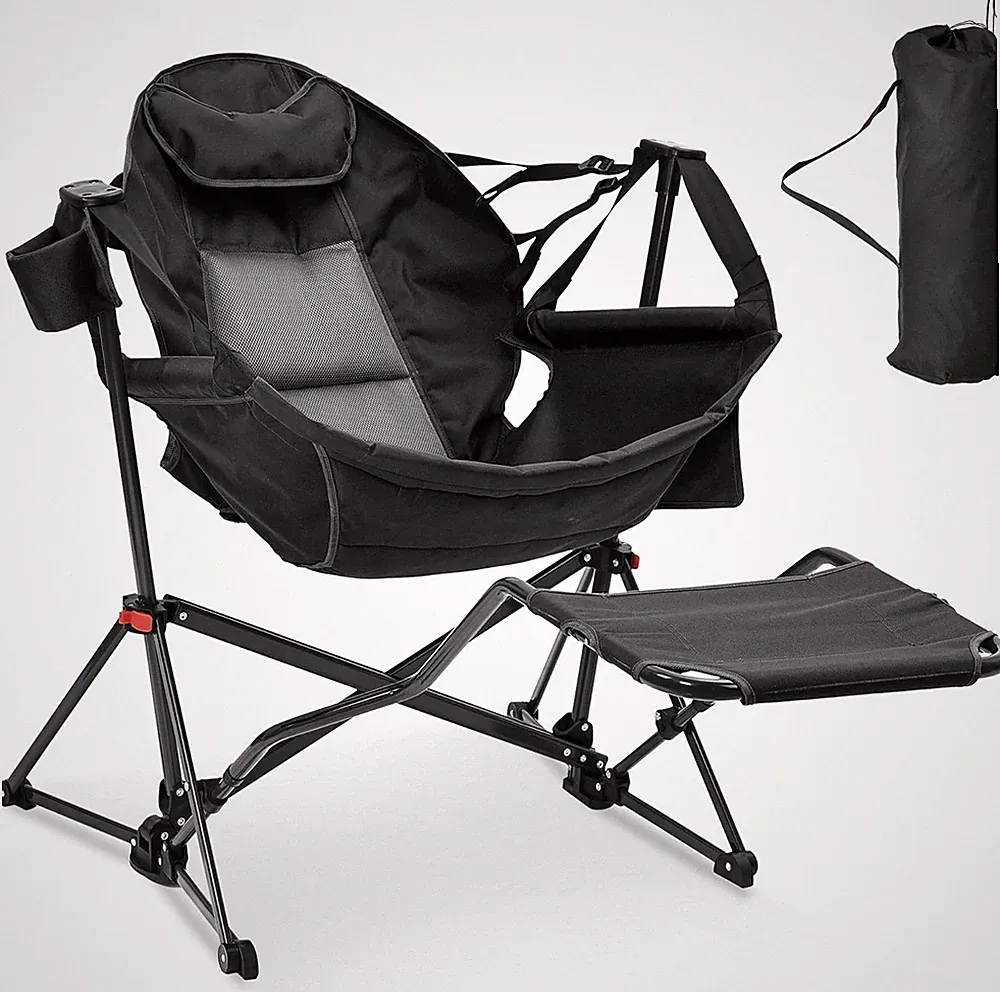 Folding Camping Recliner Chair w/ Footrest Cup Holder Heavy Duty Outdoor Black