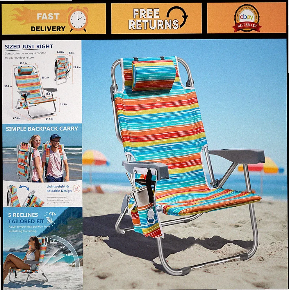 Portable Beach Chair for Adults - Lay Flat Reclining, 5 Positions, Heavy Duty, C
