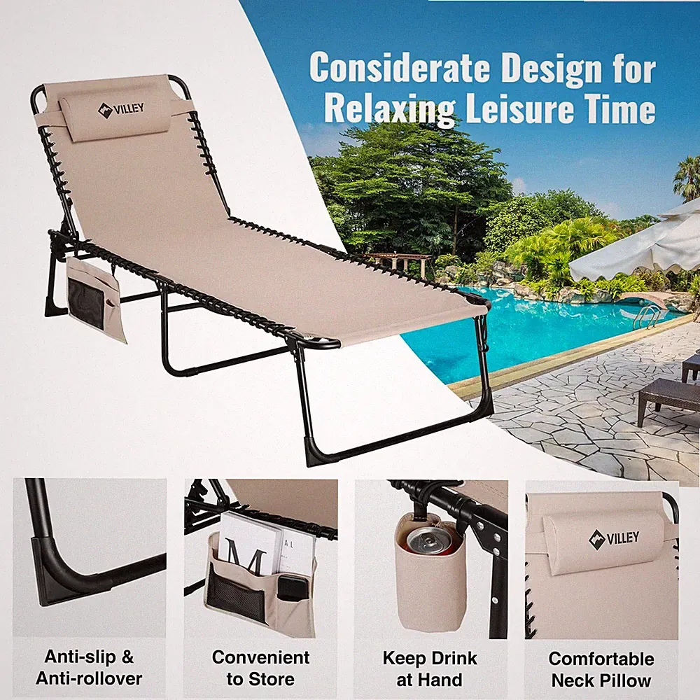VILLEY Heavy Duty Outdoor Oversize Chaise Lounge Folding Lounge Chair Max 440lbs